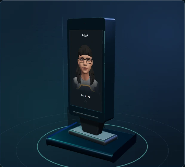 Still of the freestanding AIVA queue and terminal assistant kiosk
