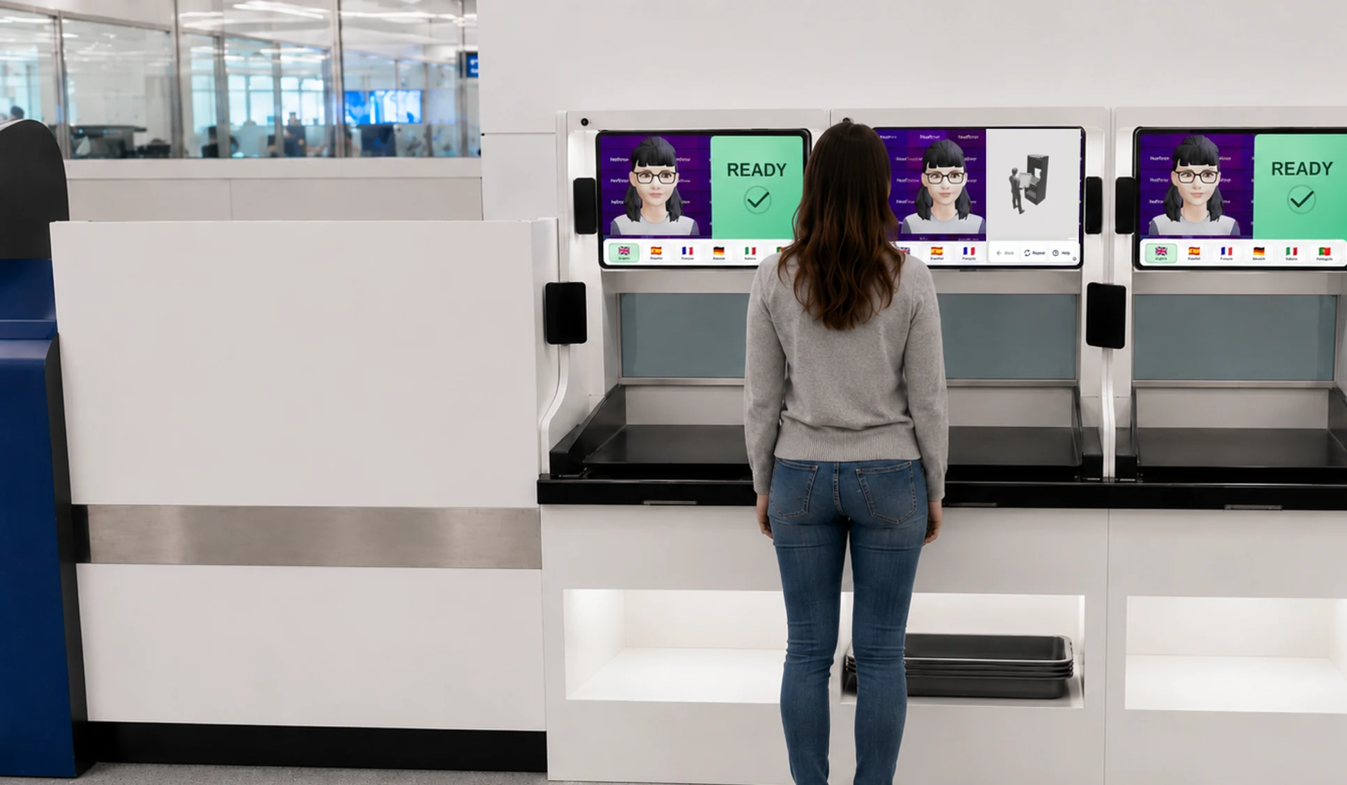 AIVA kiosks above adjacent preparation bays, with tray return below and a passenger loading at the central bay