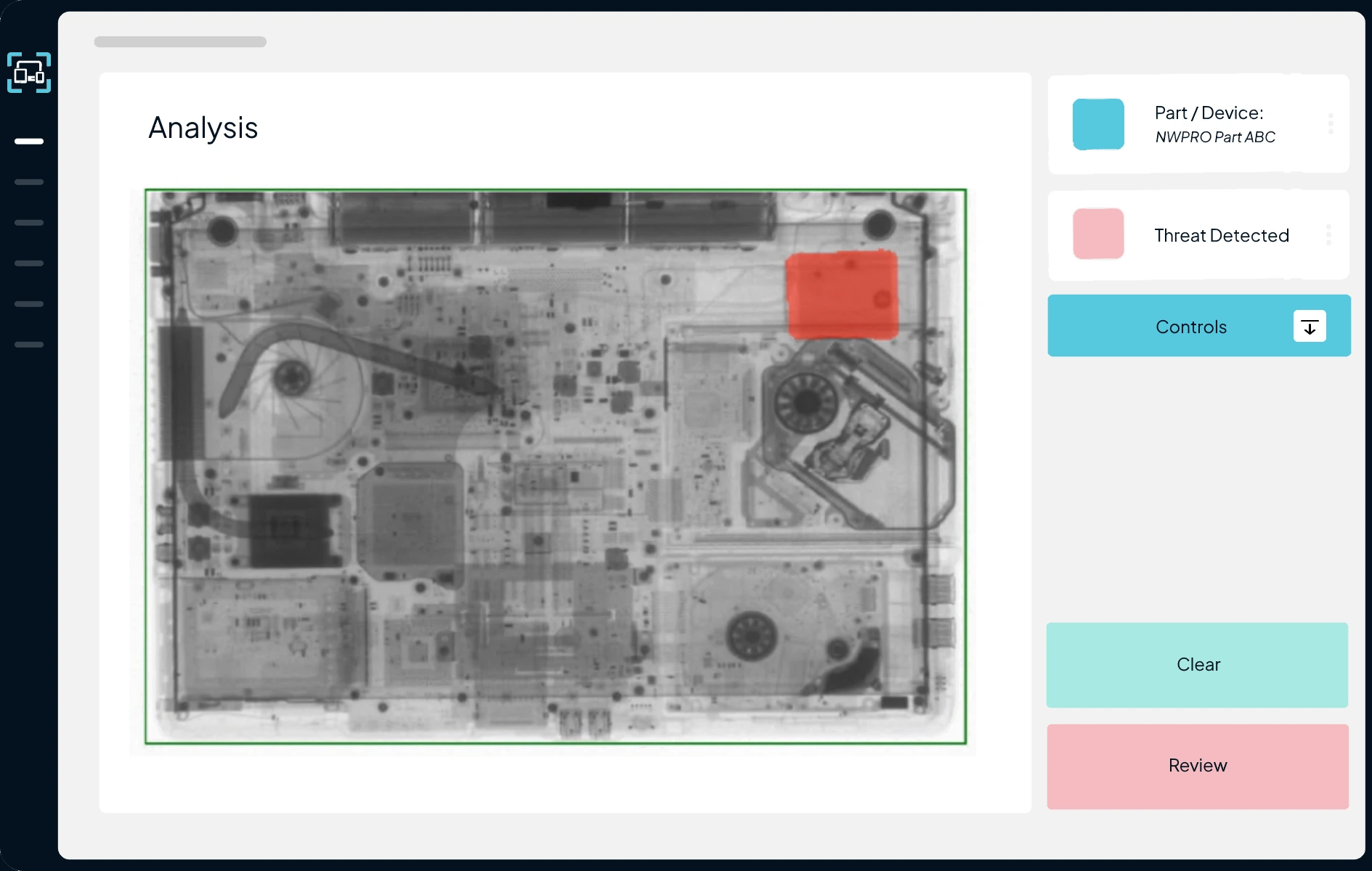 NDT analysis interface showing a device X-ray, a highlighted internal area, Threat Detected status, and Clear and Review controls